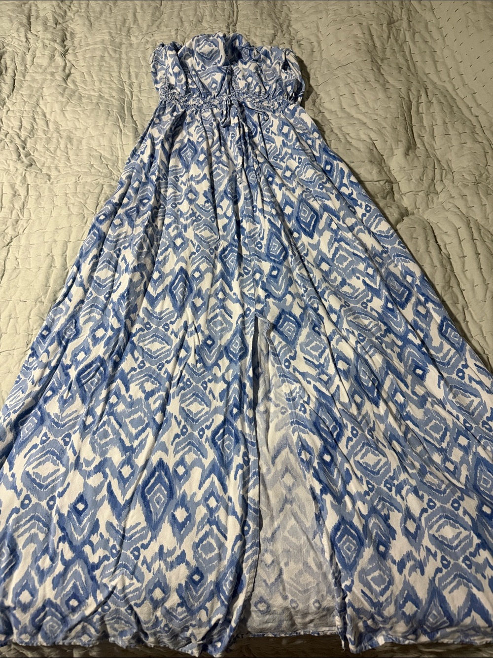 Blue & White Strapless Maxi Dress